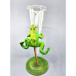 Iron & Glass Frog Figurine Glass Vase Holder Hand-Painted Green & Clear